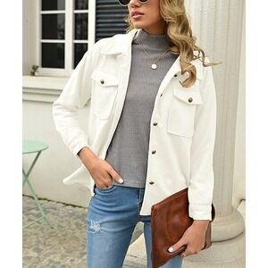 Women White Matte Pocket Button -up Jacket Size Large